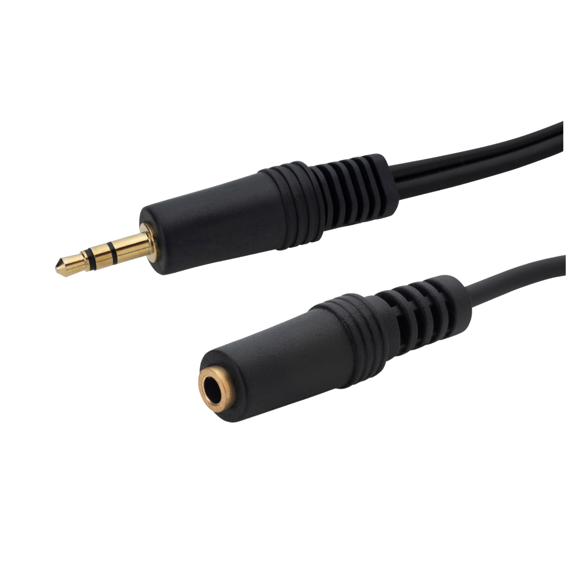 A black cable with one 3.5mm stereo jack connector male and one 3.5mm stereo jack connector female extension lead both connectors are gold plated